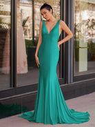 Molly | Mermaid Deep V - Neck Beaded Satin Long Prom Dress - KissProm