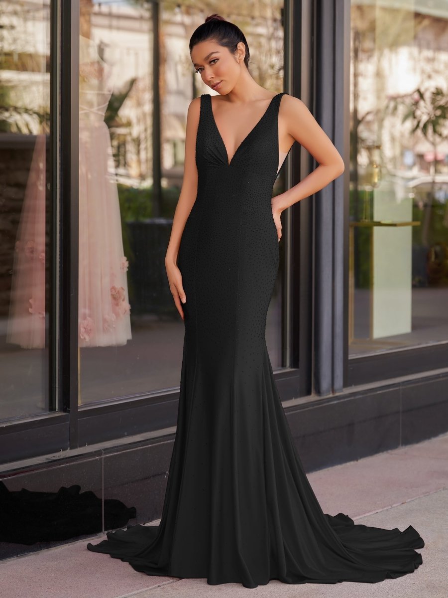 Molly | Mermaid Deep V - Neck Beaded Satin Long Prom Dress - KissProm