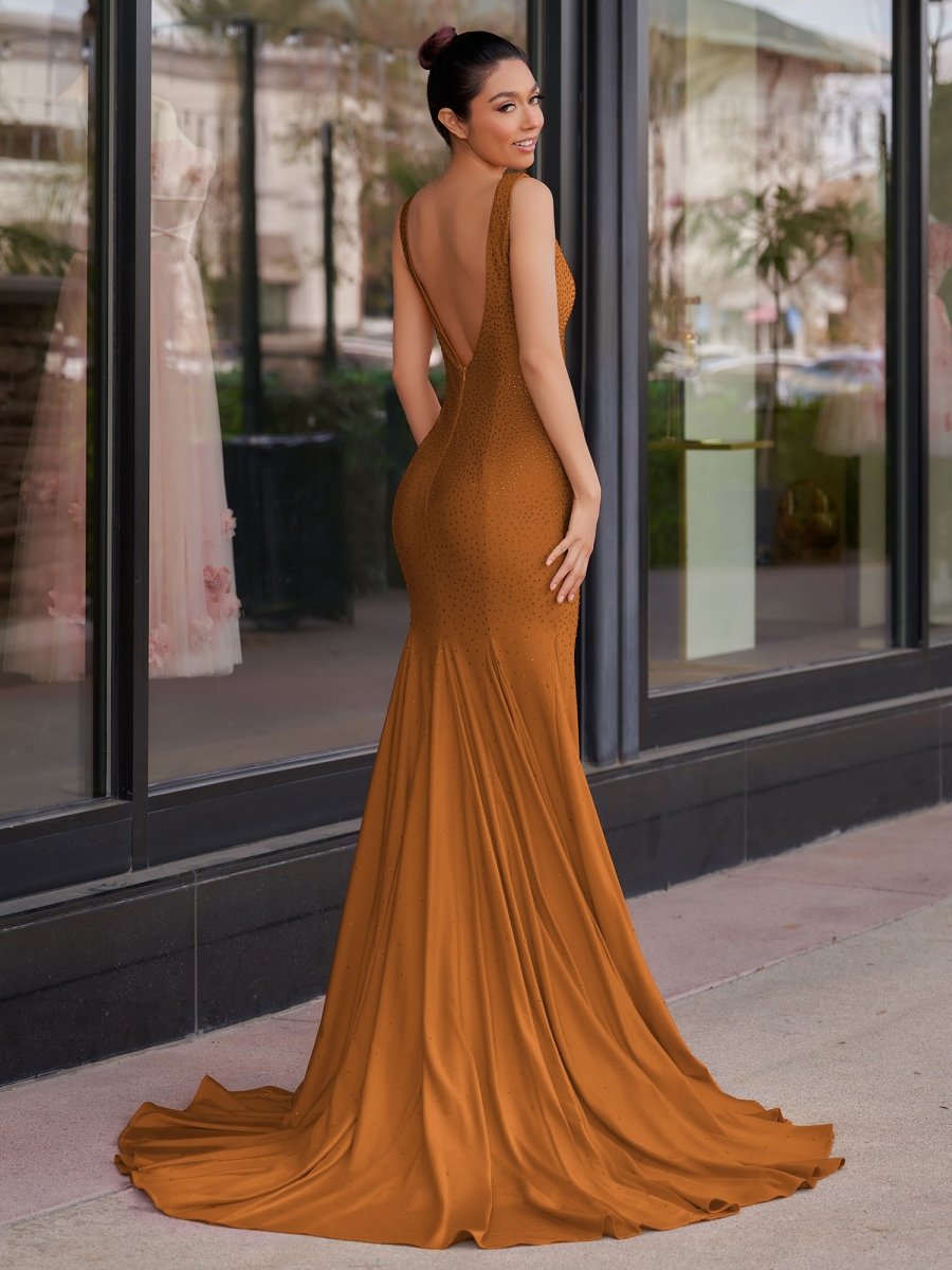 Molly | Mermaid Deep V - Neck Beaded Satin Long Prom Dress - KissProm