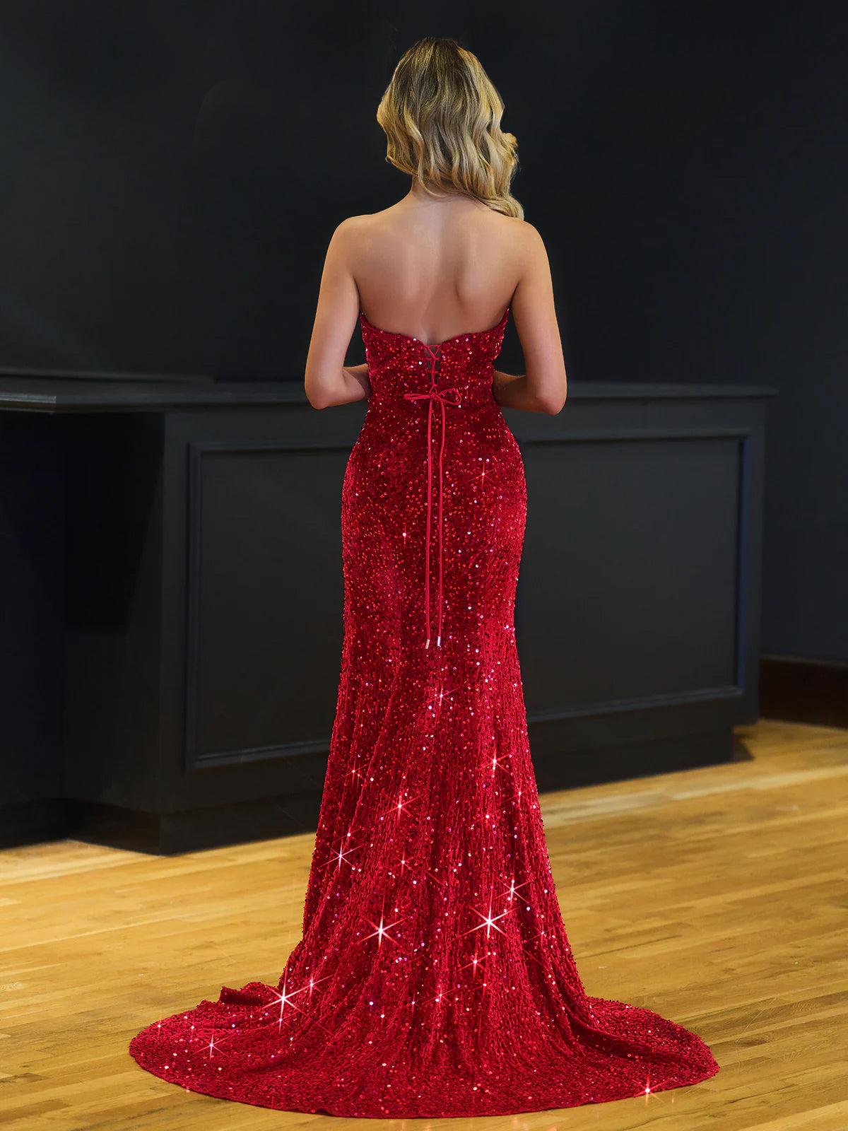 Mermaid Strapless Sequins Long Prom Dress with Slit
