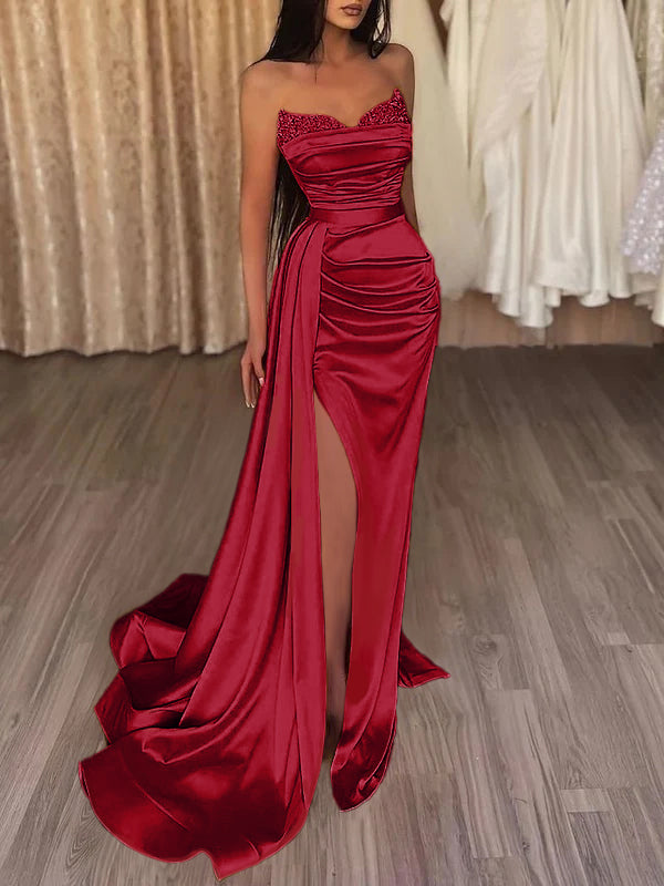 Mermaid Evening Gown Sexy Dress Prom Court Train Sleeveless Strapless Satin with Slit Pure Color