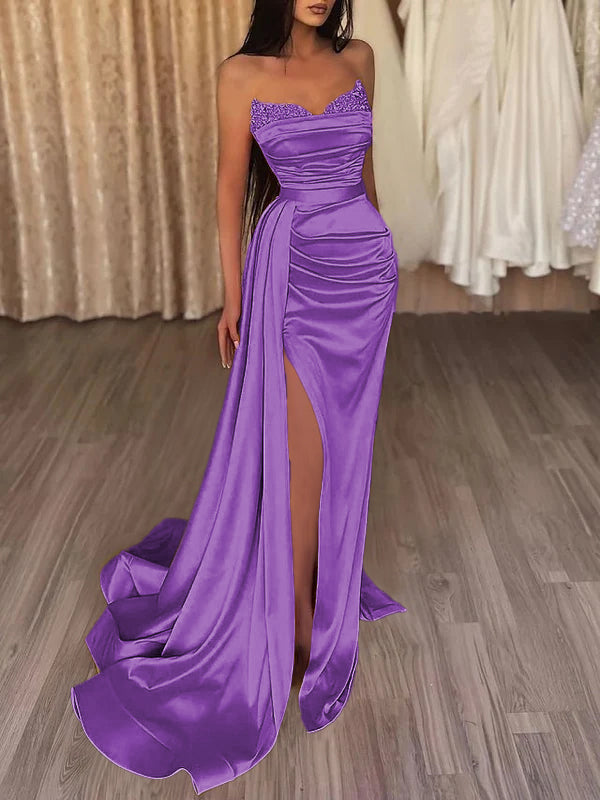 Mermaid Evening Gown Sexy Dress Prom Court Train Sleeveless Strapless Satin with Slit Pure Color