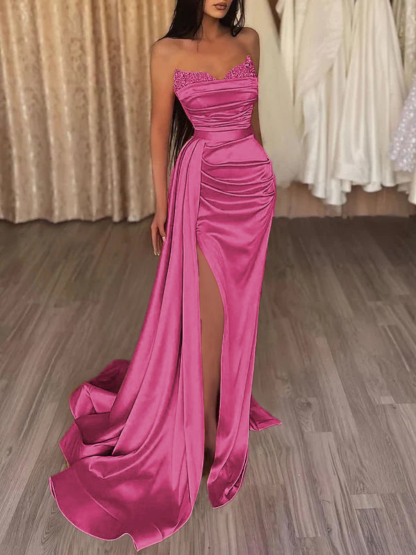 Mermaid Evening Gown Sexy Dress Prom Court Train Sleeveless Strapless Satin with Slit Pure Color