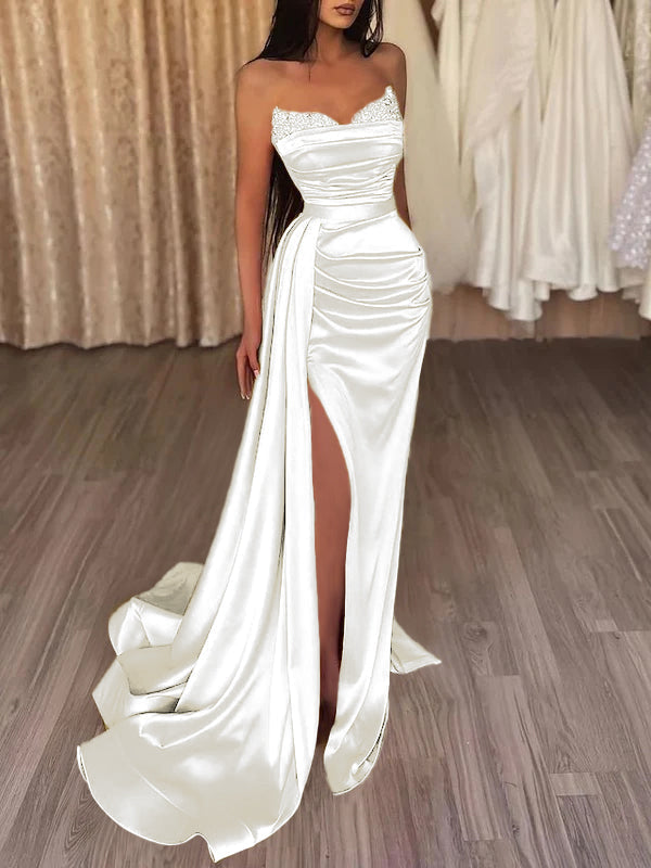 Mermaid Evening Gown Sexy Dress Prom Court Train Sleeveless Strapless Satin with Slit Pure Color