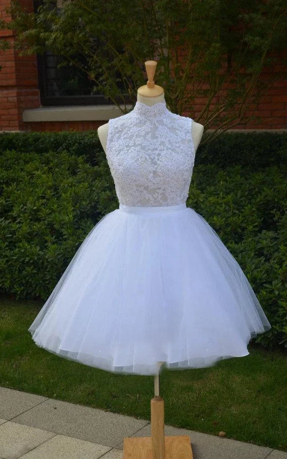 Mini Knee-Length Tulle Lace Dress With Beading Keyhole Back
