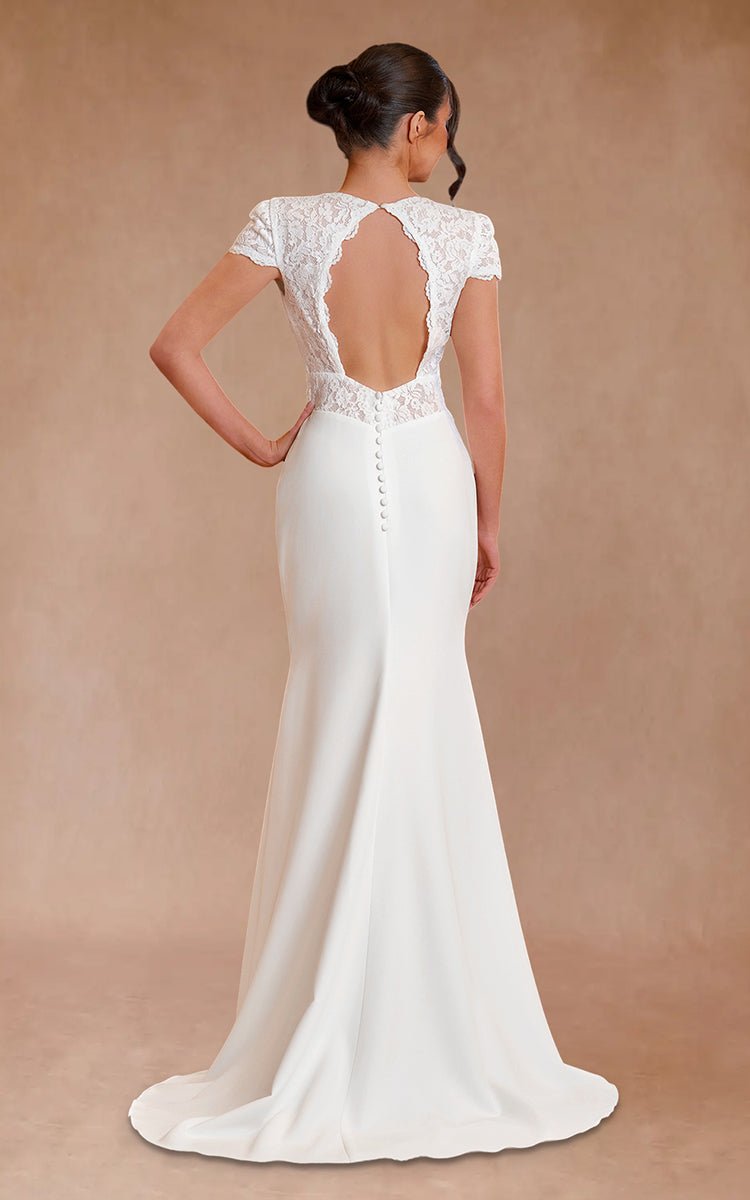 Modest Simple Sheath Short Sleeve Empire Floor - Length Sweep Train Chiffon V - neck Wedding Dress - KissProm
