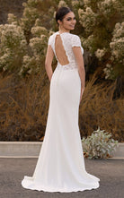 Modest Simple Sheath Short Sleeve Empire Floor - Length Sweep Train Chiffon V - neck Wedding Dress - KissProm