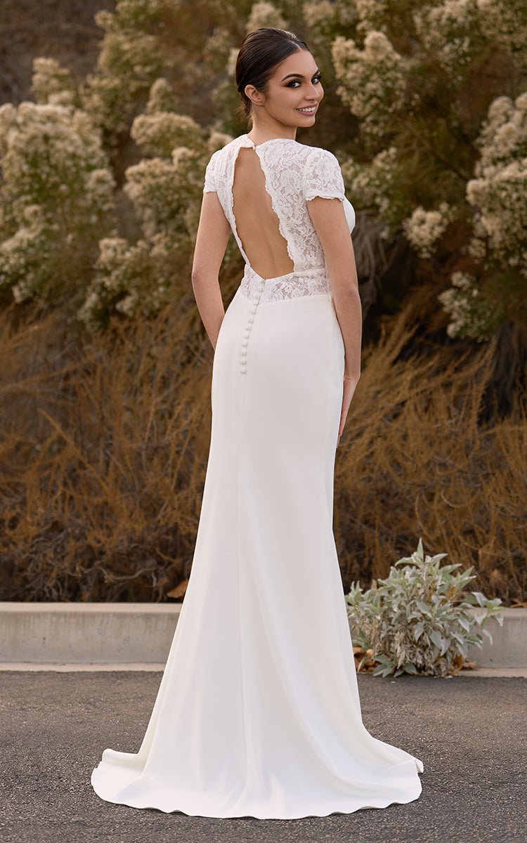 Modest Simple Sheath Short Sleeve Empire Floor - Length Sweep Train Chiffon V - neck Wedding Dress - KissProm