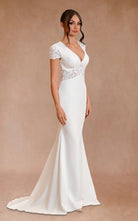 Modest Simple Sheath Short Sleeve Empire Floor - Length Sweep Train Chiffon V - neck Wedding Dress - KissProm