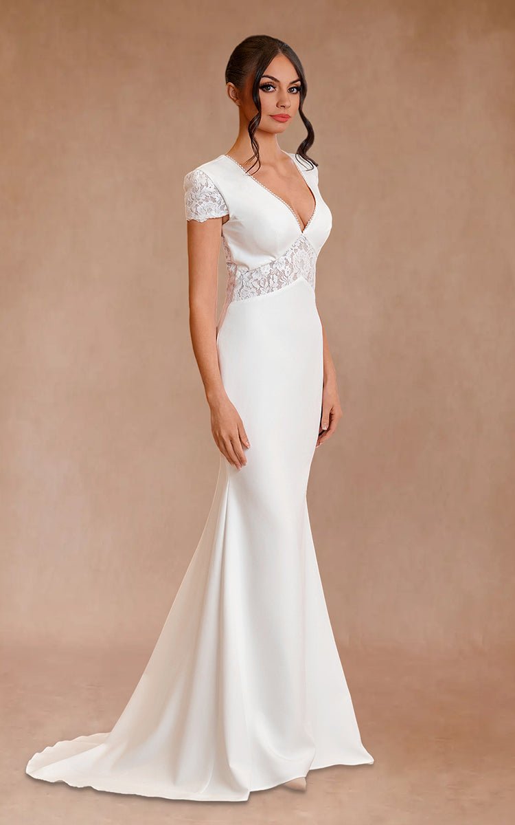 Modest Simple Sheath Short Sleeve Empire Floor - Length Sweep Train Chiffon V - neck Wedding Dress - KissProm