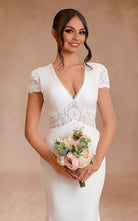 Modest Simple Sheath Short Sleeve Empire Floor - Length Sweep Train Chiffon V - neck Wedding Dress - KissProm
