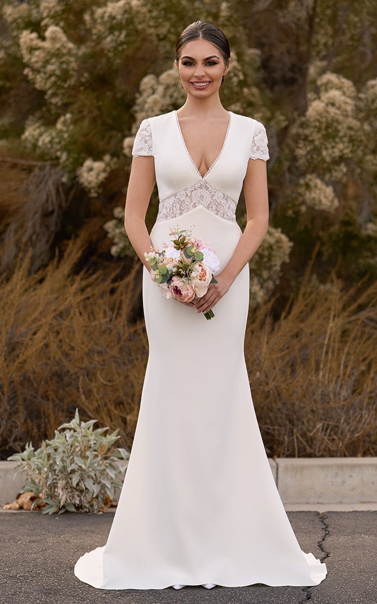 Modest Simple Sheath Short Sleeve Empire Floor - Length Sweep Train Chiffon V - neck Wedding Dress - KissProm