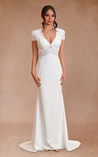 Modest Simple Sheath Short Sleeve Empire Floor - Length Sweep Train Chiffon V - neck Wedding Dress - KissProm