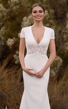 Modest Simple Sheath Short Sleeve Empire Floor - Length Sweep Train Chiffon V - neck Wedding Dress - KissProm