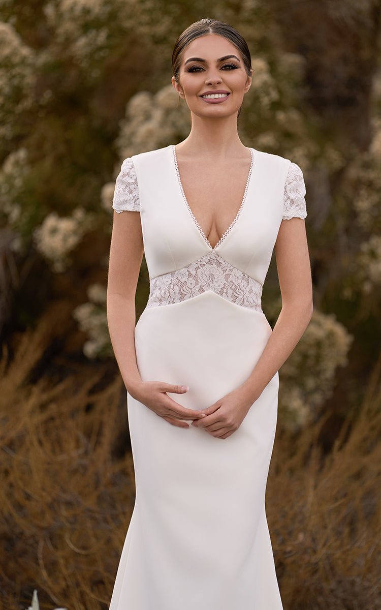 Modest Simple Sheath Short Sleeve Empire Floor - Length Sweep Train Chiffon V - neck Wedding Dress - KissProm