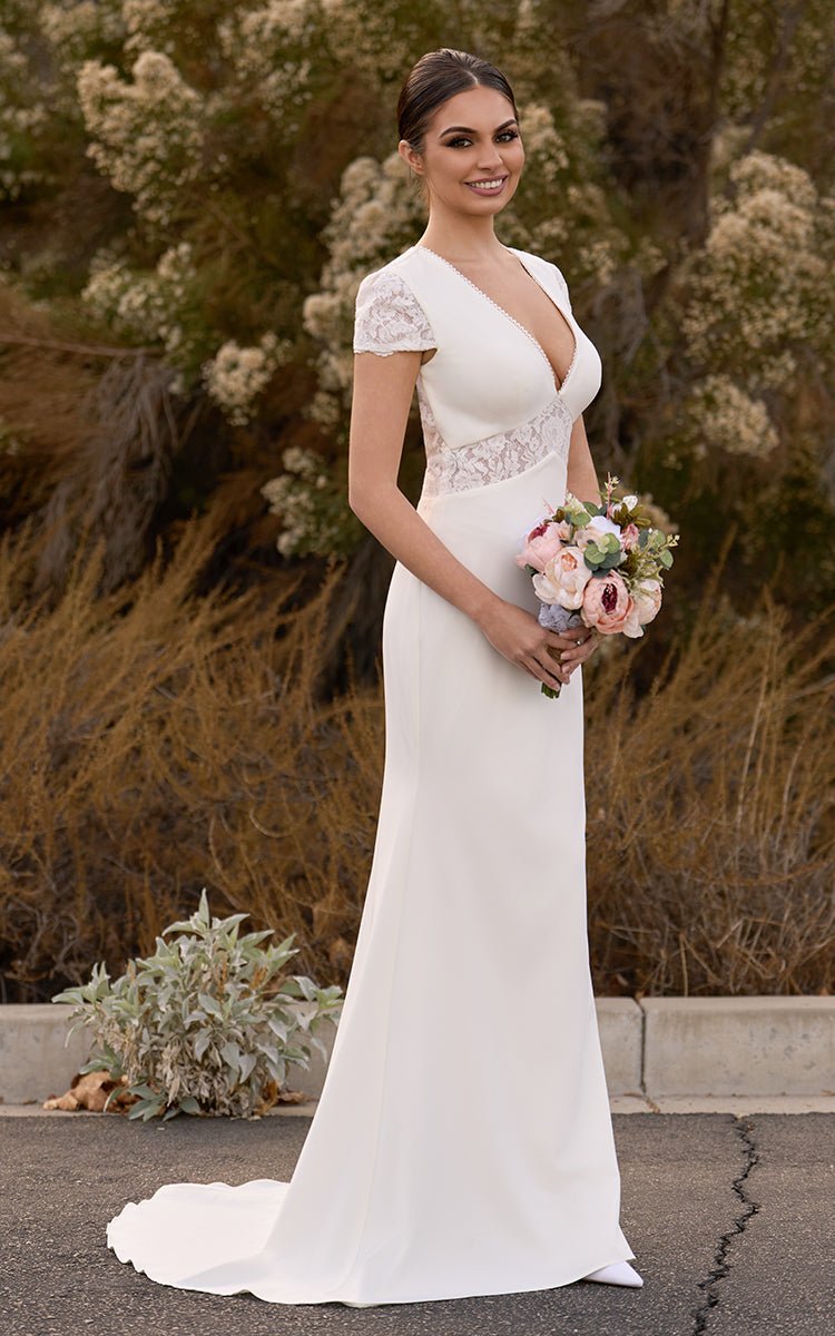Modest Simple Sheath Short Sleeve Empire Floor - Length Sweep Train Chiffon V - neck Wedding Dress - KissProm
