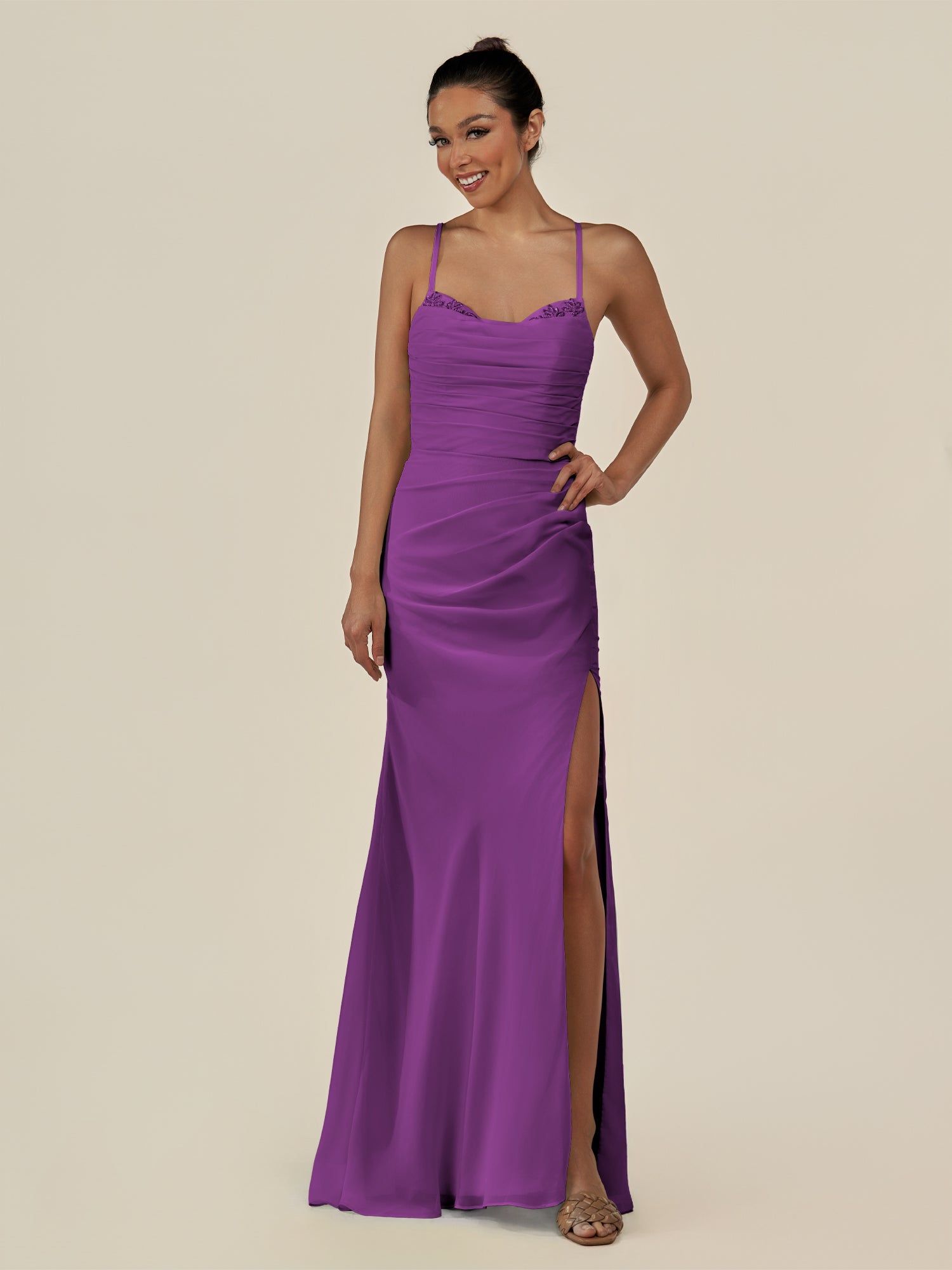KissDress-Myka Amethyst Sheath Chiffon Spaghetti Straps Long Bridesmaid Dress with Sequins