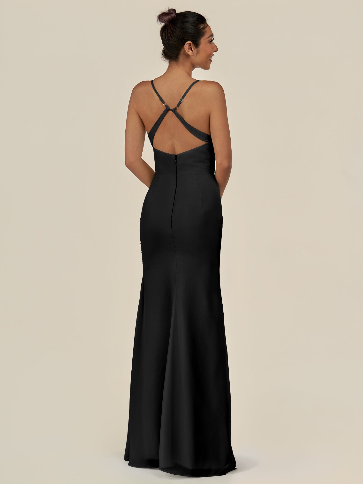 KissDress-Myka Black Sheath Chiffon Spaghetti Straps Long Bridesmaid Dress with Sequins