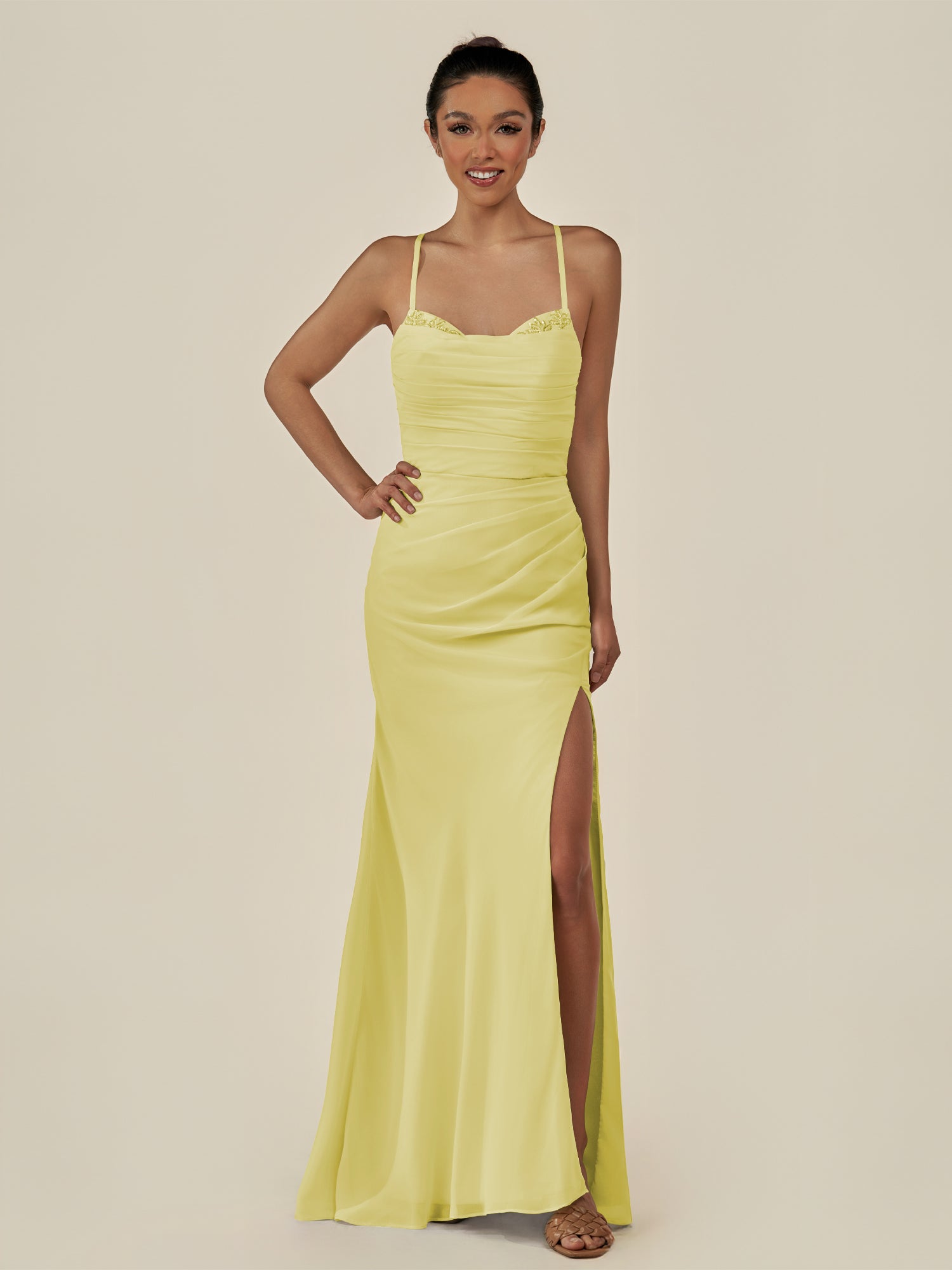 KissDress-Myka Buttercup Sheath Chiffon Spaghetti Straps Long Bridesmaid Dress with Sequins