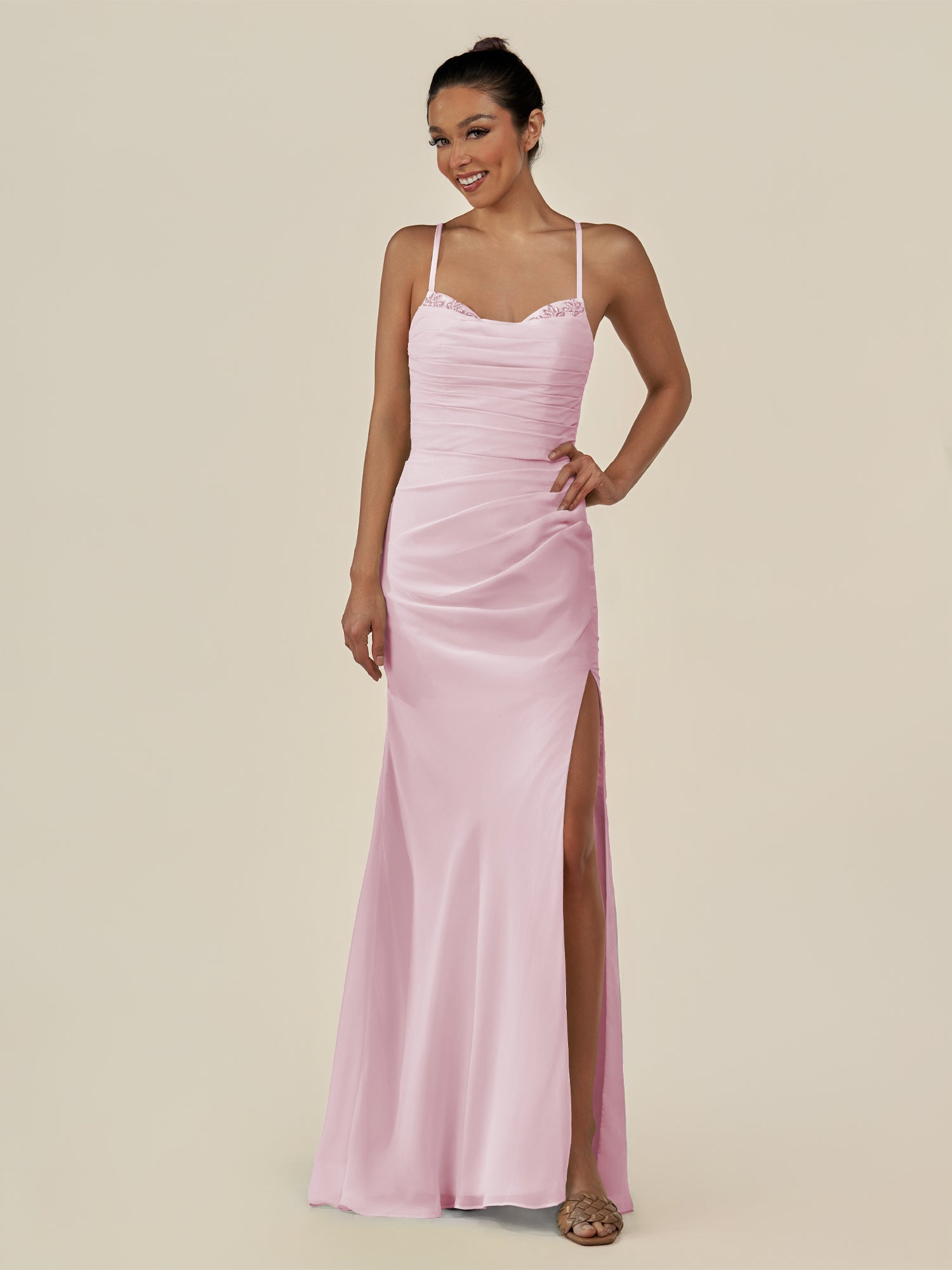 KissDress-Myka Candy Pink Sheath Chiffon Spaghetti Straps Long Bridesmaid Dress with Sequins