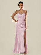 KissDress-Myka Candy Pink Sheath Chiffon Spaghetti Straps Long Bridesmaid Dress with Sequins