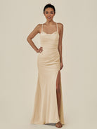 KissDress-Myka Champagne Sheath Chiffon Spaghetti Straps Long Bridesmaid Dress with Sequins