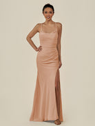 KissDress-Myka Champagne Rose Sheath Chiffon Spaghetti Straps Long Bridesmaid Dress with Sequins