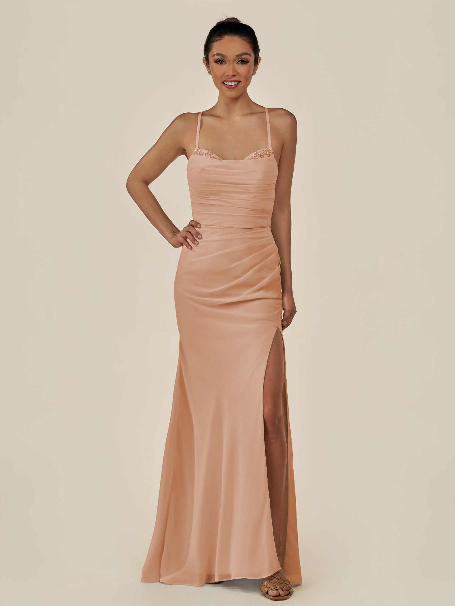 KissDress-Myka Champagne Rose Sheath Chiffon Spaghetti Straps Long Bridesmaid Dress with Sequins