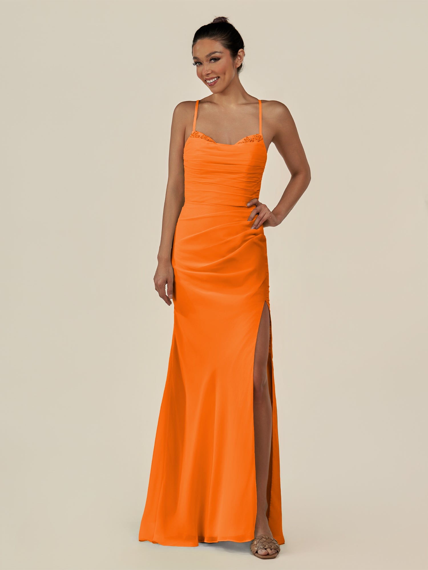 KissDress-Myka Cinnamon Sheath Chiffon Spaghetti Straps Long Bridesmaid Dress with Sequins