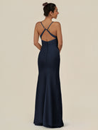 KissDress-Myka Dark Navy Sheath Chiffon Spaghetti Straps Long Bridesmaid Dress with Sequins