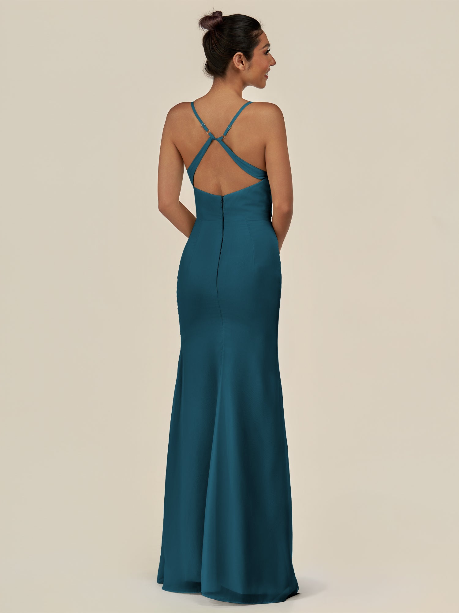 KissDress-Myka Dark Teal Sheath Chiffon Spaghetti Straps Long Bridesmaid Dress with Sequins