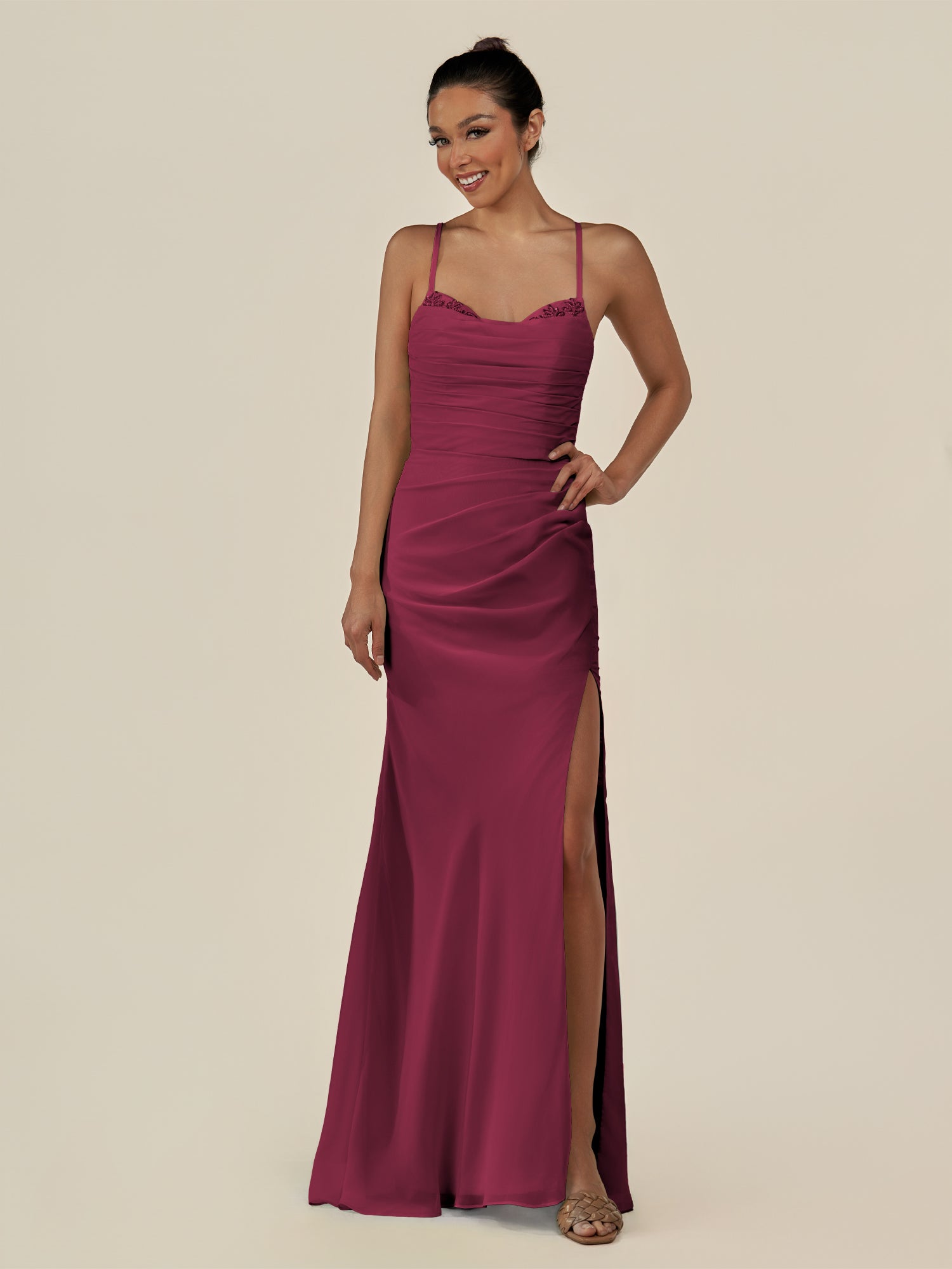 KissDress-Myka Desert Rose Sheath Chiffon Spaghetti Straps Long Bridesmaid Dress with Sequins