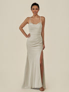 KissDress-Myka Dove Gray Sheath Chiffon Spaghetti Straps Long Bridesmaid Dress with Sequins