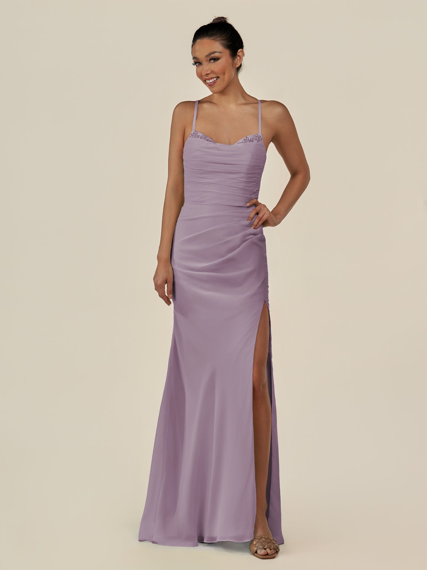 KissDress-Myka Dusk Sheath Chiffon Spaghetti Straps Long Bridesmaid Dress with Sequins