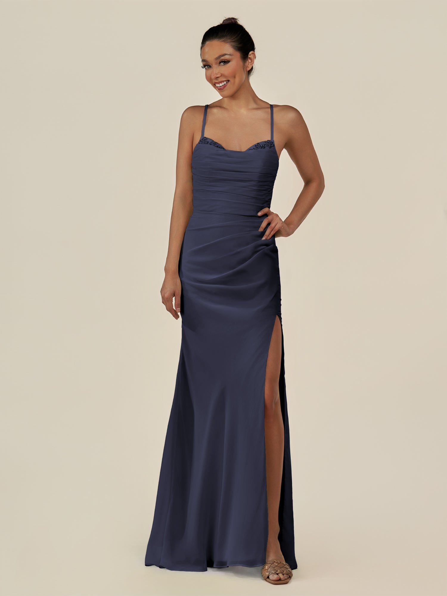 KissDress-Myka Dusk Blue Sheath Chiffon Spaghetti Straps Long Bridesmaid Dress with Sequins