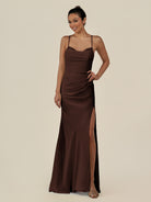 KissDress-Myka Espresso Sheath Chiffon Spaghetti Straps Long Bridesmaid Dress with Sequins