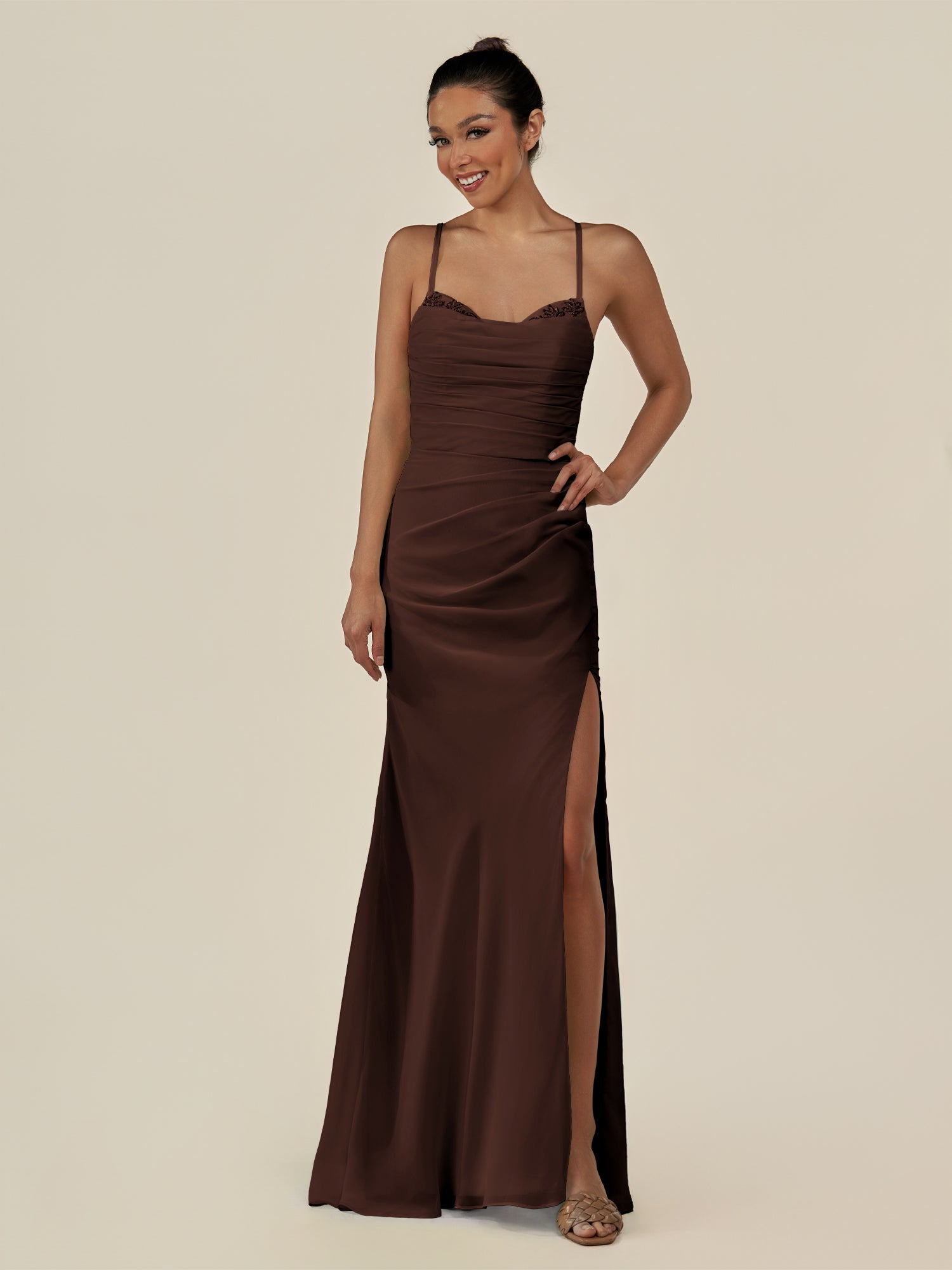 KissDress-Myka Espresso Sheath Chiffon Spaghetti Straps Long Bridesmaid Dress with Sequins