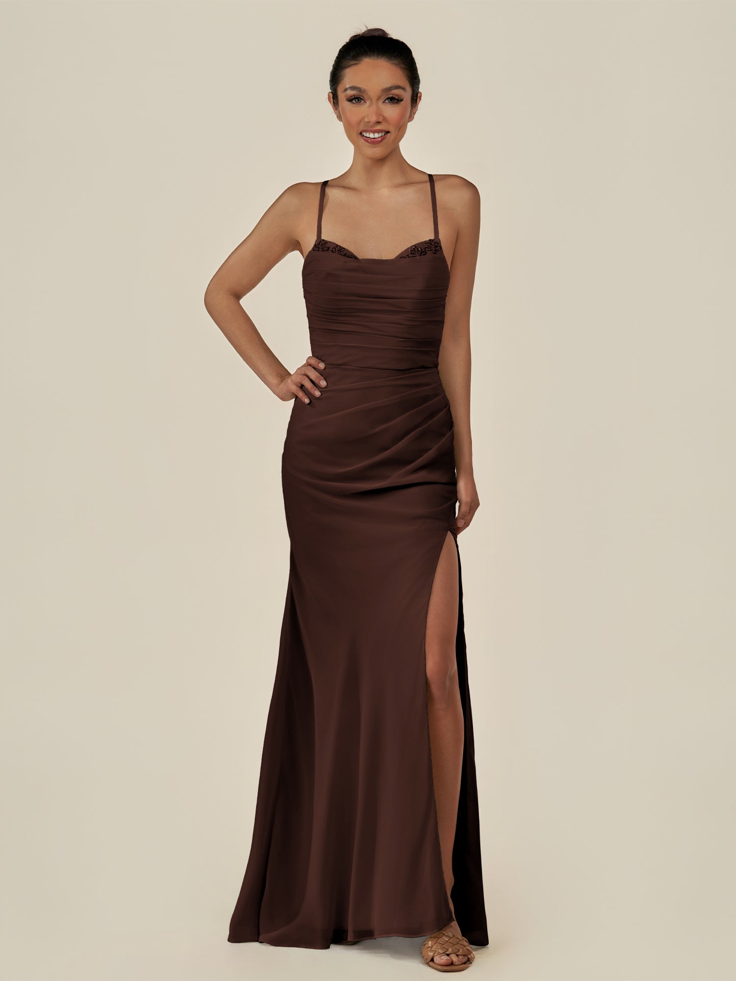 KissDress-Myka Espresso Sheath Chiffon Spaghetti Straps Long Bridesmaid Dress with Sequins