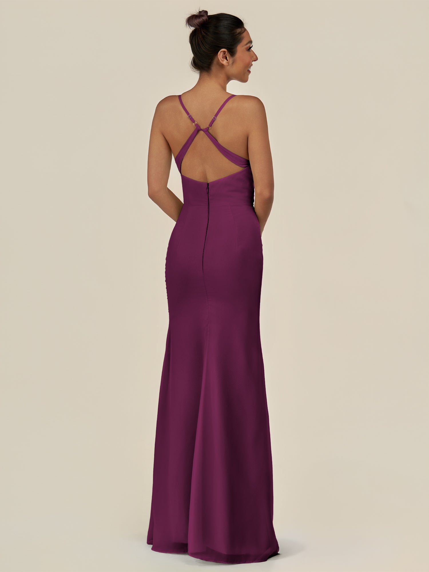 KissDress-Myka Fig Sheath Chiffon Spaghetti Straps Long Bridesmaid Dress with Sequins