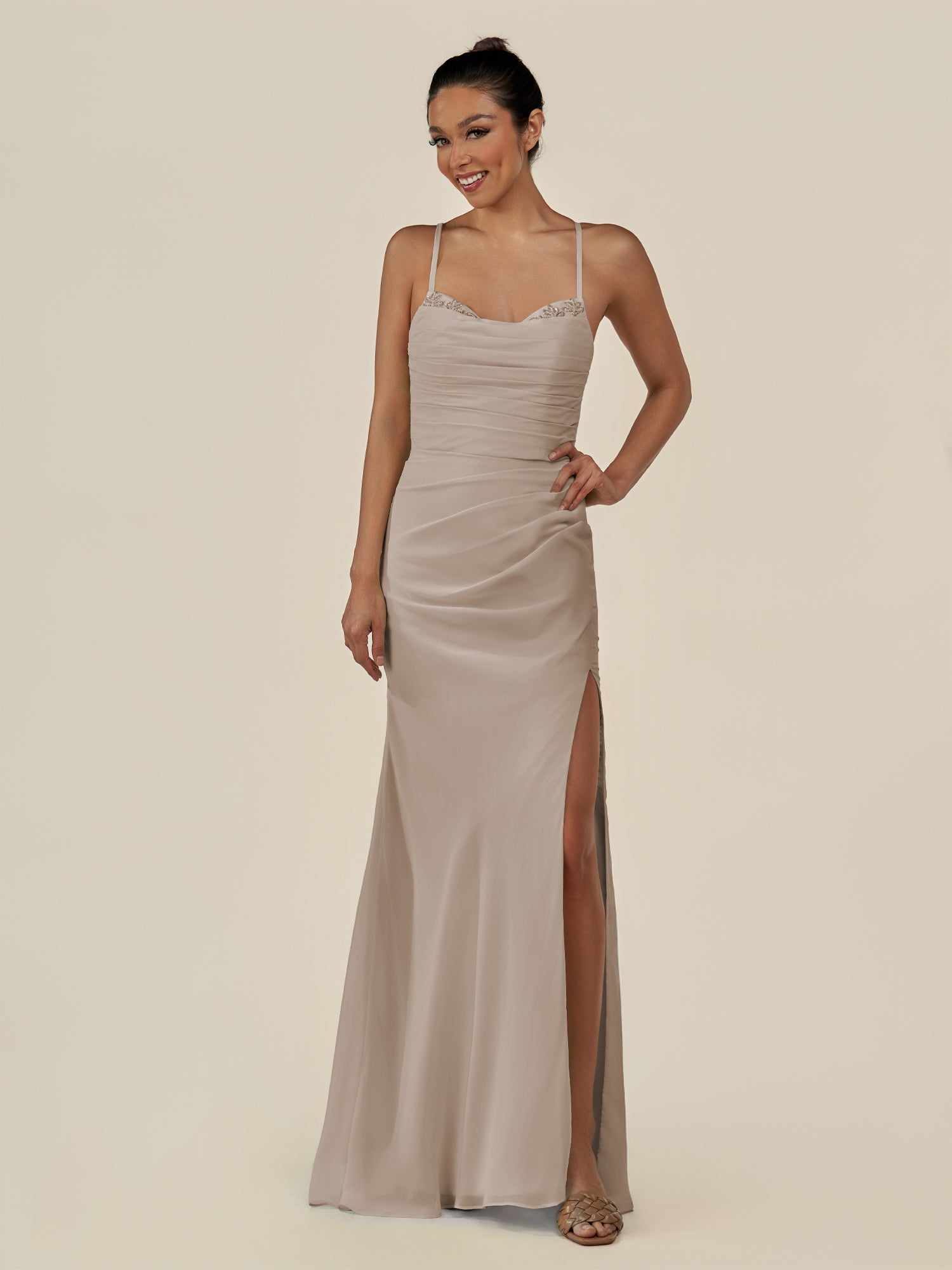 KissDress-Myka Frost Sheath Chiffon Spaghetti Straps Long Bridesmaid Dress with Sequins