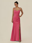KissDress-Myka Fuchsia Sheath Chiffon Spaghetti Straps Long Bridesmaid Dress with Sequins
