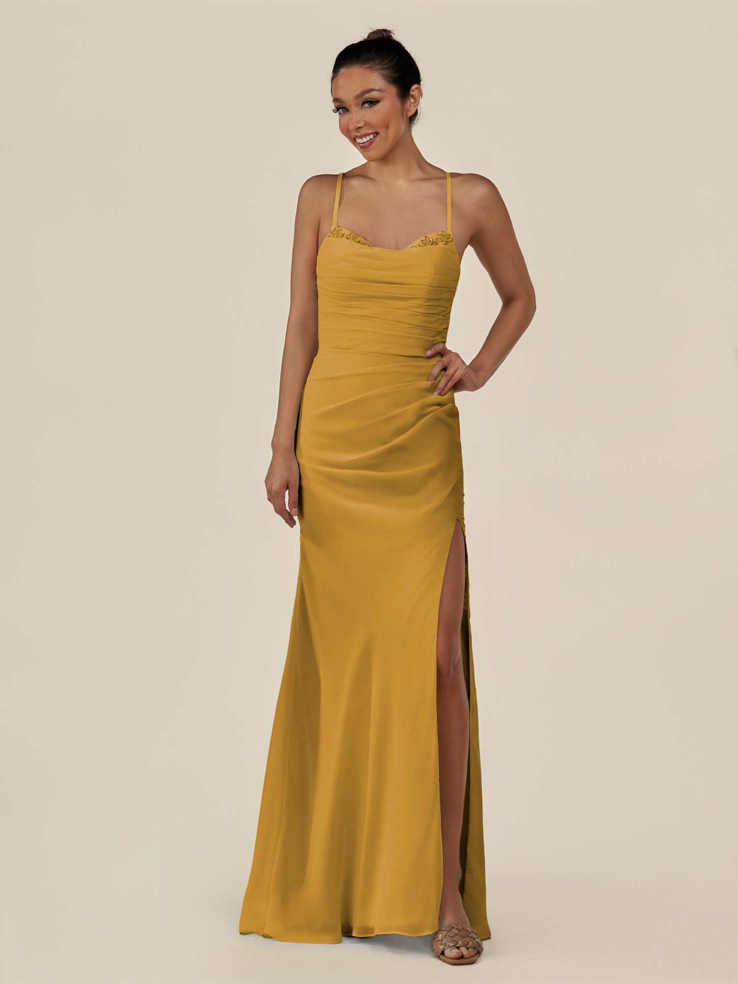 KissDress-Myka Marigold Sheath Chiffon Spaghetti Straps Long Bridesmaid Dress with Sequins