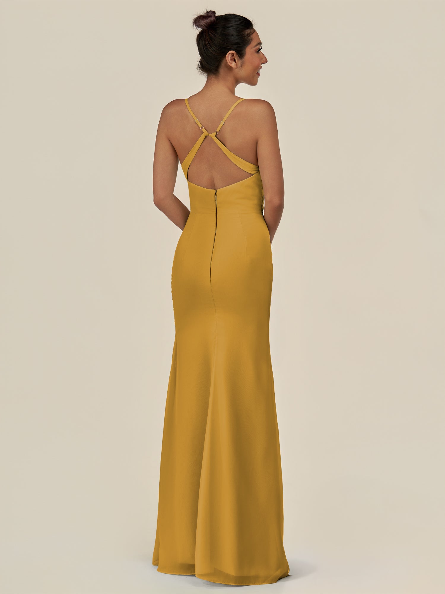 KissDress-Myka Marigold Sheath Chiffon Spaghetti Straps Long Bridesmaid Dress with Sequins