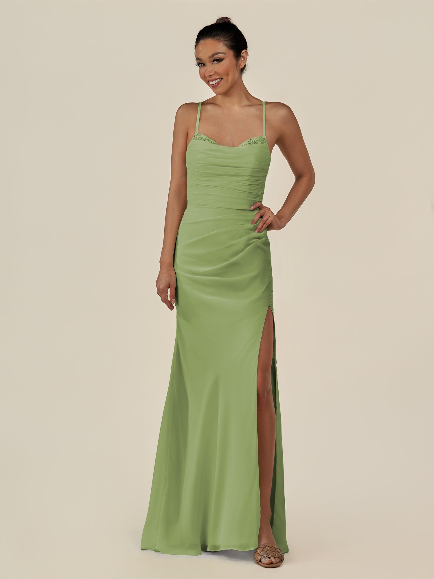 KissDress-Myka Matcha Sheath Chiffon Spaghetti Straps Long Bridesmaid Dress with Sequins