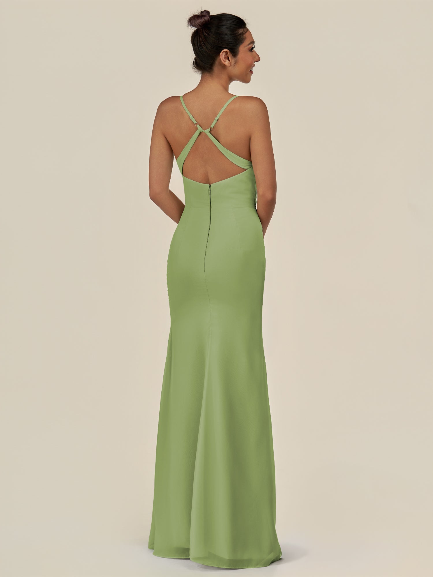 KissDress-Myka Matcha Sheath Chiffon Spaghetti Straps Long Bridesmaid Dress with Sequins