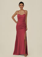 KissDress-Myka Merlot Sheath Chiffon Spaghetti Straps Long Bridesmaid Dress with Sequins