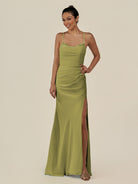 KissDress-Myka Moss Green Sheath Chiffon Spaghetti Straps Long Bridesmaid Dress with Sequins