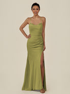 KissDress-Myka Moss Green Sheath Chiffon Spaghetti Straps Long Bridesmaid Dress with Sequins