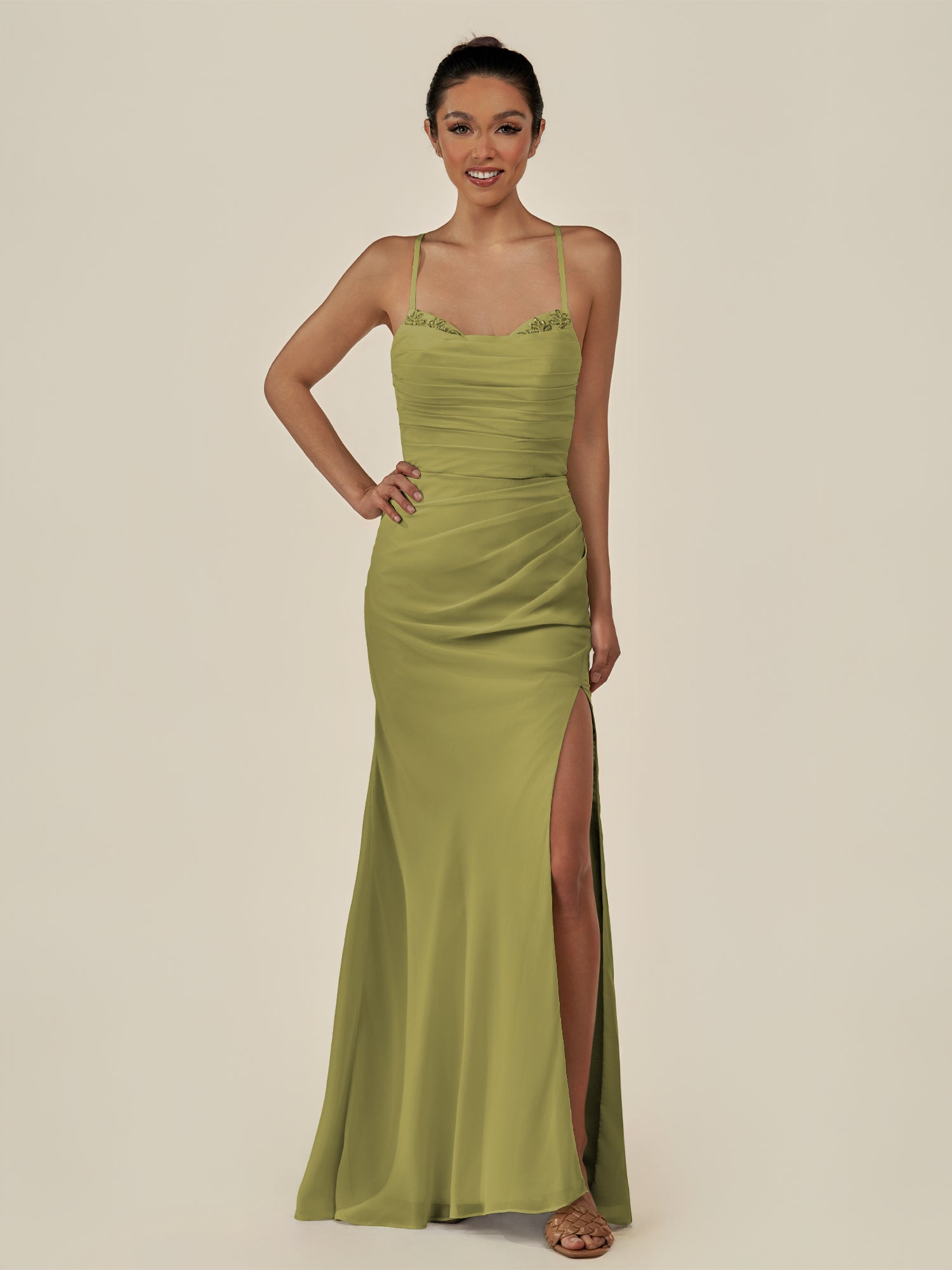 KissDress-Myka Moss Green Sheath Chiffon Spaghetti Straps Long Bridesmaid Dress with Sequins