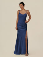KissDress-Myka Navy Sheath Chiffon Spaghetti Straps Long Bridesmaid Dress with Sequins